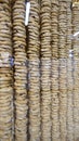 Columns of traditional taralli sugna e pepe on the streets of Naples . Royalty Free Stock Photo