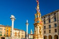 Columns with winged lion and statues in Piazza dei Signori square