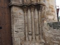 Columns supporting the capitals of the access door of the romanesque church of vinaixa, lerida, spain, europe