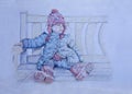 Colured Pencil Drawing little Girl in winter clothes sitting on bench.