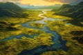 Colza fields with azure river in the middle. Aerial view. Generative AI