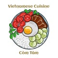 Com Tam Suon vietnamese food: Delicious broken rice with egg pie and BBQ pork chop. Isolated vector illustration