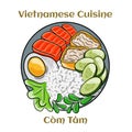 Com Tam Suon vietnamese food: Delicious broken rice with egg pie and BBQ pork chop. Isolated vector illustration