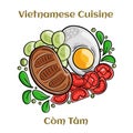 Com Tam Suon vietnamese food: Delicious broken rice with egg pie and BBQ pork chop. Isolated vector illustration