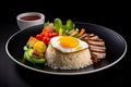 Com Tam, Vietnamese dish with broken rice served with grilled pork, pickled vegetables, fried egg, AI generative