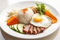 Com Tam, Vietnamese dish with broken rice served with grilled pork, pickled vegetables, fried egg, AI generative