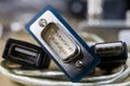 COM and USB plugs on a wooden workshop table. Telecommunications Royalty Free Stock Photo