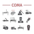 Coma icons set. Hospital bed. Infographic signs. Vector