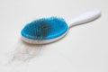 Comb with a lot of hair loss. Health problems. Alopecia. Thin and weak hair. White solid background.