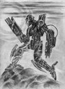 Combat black robot. Science fiction illustration