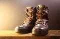 COMBAT BOOTS DISPLAYED ON A PIECE OF WOOD
