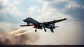 Combat drone in the sky on a mission, an unmanned aerial vehicle launches missiles at a target. Generative AI