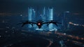 Combat drone weapon. military technology. Unmanned drone above city