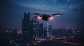 Combat drone weapon. military technology. Unmanned drone above city