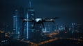 Combat drone weapon. military technology. Unmanned drone above city