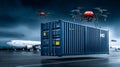 Combat drones fly out of a cargo container in a high-tech military or logistics scene Royalty Free Stock Photo