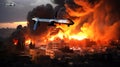 Combat drones over a war zone with burning and bombed houses. Realistic scene