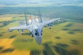 Combat fighter jet on a military mission with weapons - rockets, bombs, weapons on wings, at high speed with fire afterburner engi