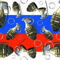 Combat grenade pattern on the background of the Russian flag. Stop the war between Russia and Ukraine. Solidarity with Ukraine. 3D
