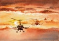 Combat helicopters flying in formation on background of colorful sunset with clouds. Stylised military scene. Hand drawn