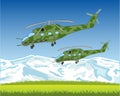 Combat helicopters flying to sky on mountain