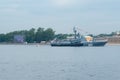 SAINT-PETERSBURG, RUSSIA - JULY 20, 2017: A combat ship at the rehearsal of the naval parade in St. Petersburg Royalty Free Stock Photo