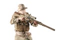 Combat sniper officer holding his long barrel sniper rifle with handgrip and scope, painted in tactical pattern. He is wearing pro Royalty Free Stock Photo
