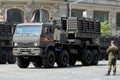 A combat vehicle of an engineering system of remote mining on a Moscow street during the dress rehearsal of the parade dedicated t Royalty Free Stock Photo