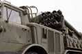 Combat vehicle 220 mm multiple launch rocket system. steampunk background.