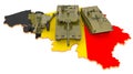Combat vehicles on Belgian map. Military defence of Belgium concept, 3D rendering