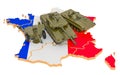 Combat vehicles on French map. Military defence of France concept, 3D rendering