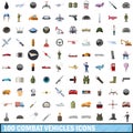 100 combat vehicles icons set, cartoon style