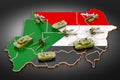 Combat vehicles on Sudanese map. Military defense of Sudan concept, 3D rendering