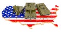 Combat vehicles on the United States map. Military defence of the USA concept, 3D rendering