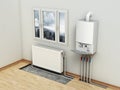 Combi boiler on the house wall, next to the heating radiator. Visible installation of heating tubes. 3D illustration Royalty Free Stock Photo