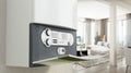 Combi boiler on the wall with contemporary living room view. 3D illustration