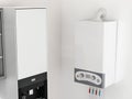 Combi boiler on the wall of a kitchen. 3D illustration