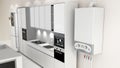 Combi boiler on the wall of a kitchen. 3D illustration