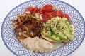 Combinated dish with avocado tomatoes hummus and onions