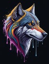 The combination of bold colors and the fierce expression in the wolf dog head illustration creates a captivating image.
