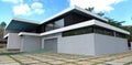 Combination decoration of a modern minimalist house of white and black bricks. Massive paving stones made of concrete slabs. 3d