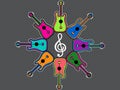 An arrangement of colorful guitars Royalty Free Stock Photo