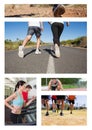 Combination of five photos of people jogging and exercising outdoors