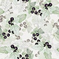 Combination of garden blackcurrant, watercolor and fine graphics. Beautiful berry seamless pattern.