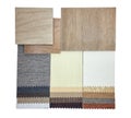 combination of interior material samples contain oak wooden ceramic flooring tiles and drapery fabric catalog palette. Royalty Free Stock Photo