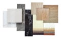 combination of interior material samples contain oak wooden ceramic flooring tiles, drapery fabric catalog palette, marble stones