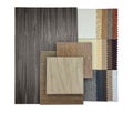 combination of interior material samples contain oak wooden ceramic flooring tiles, fabric catalog in luxury brown and grey color