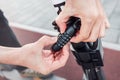 combination lock on a scooter or bicycle as a symbol of property protection and theft Royalty Free Stock Photo