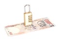 Combination padlock on Indian currency rupee Royalty Free Stock Photo