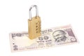 Combination padlock on Indian currency rupee Royalty Free Stock Photo